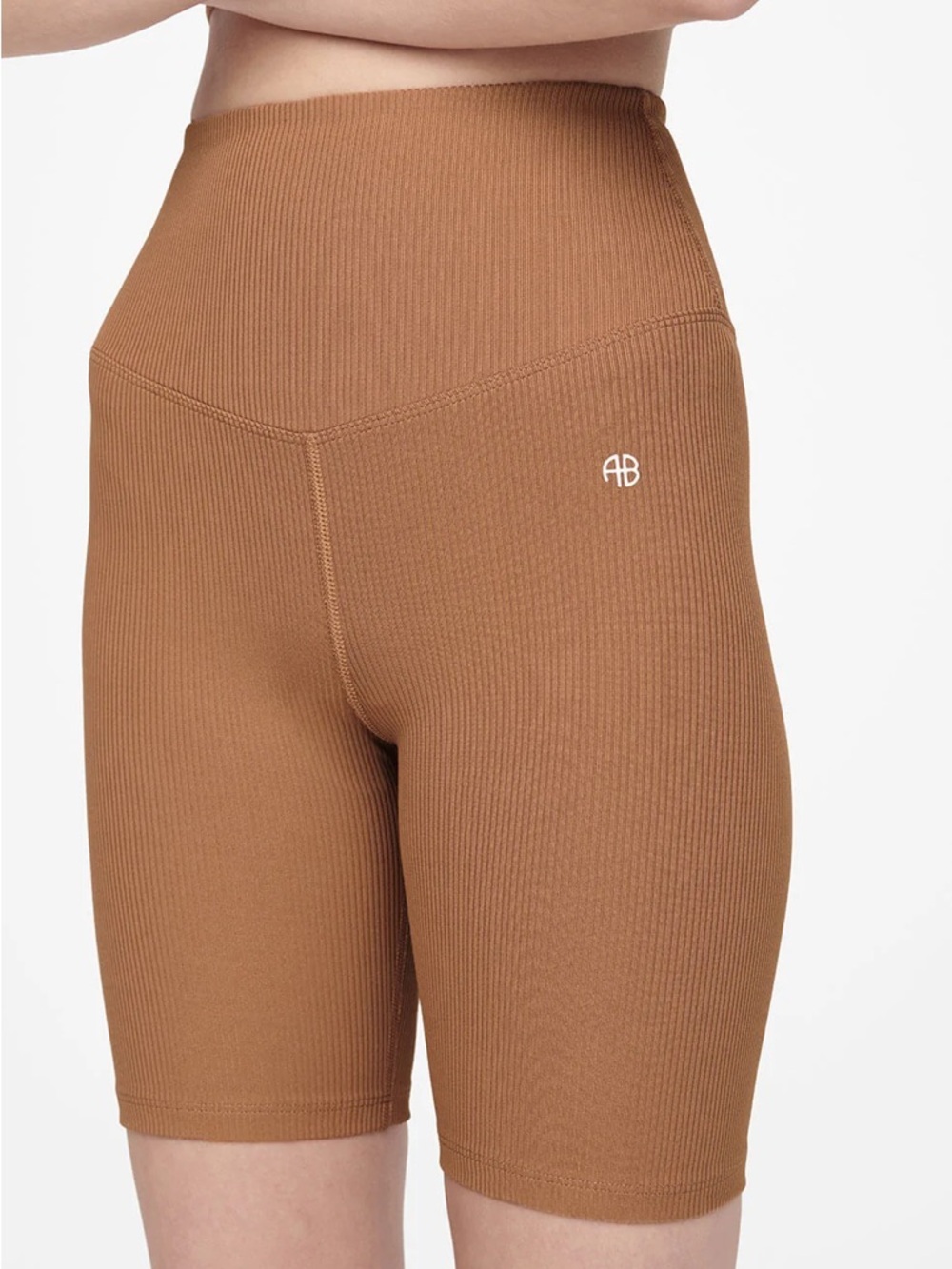 Anine Bing Blake Biker Short in Camel Ribbed High-Waist yoga workout Size Large